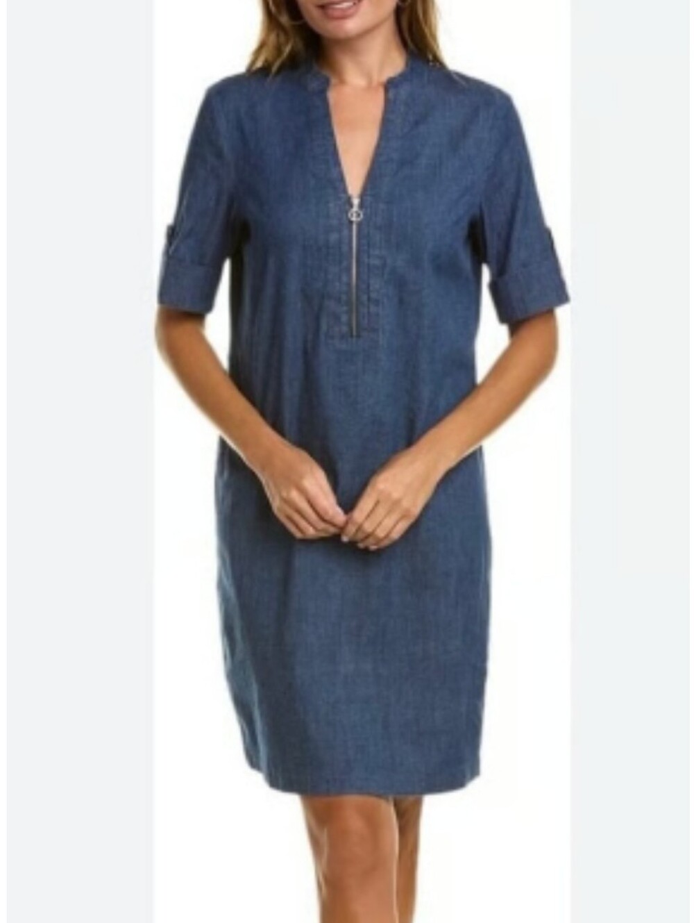 Anne Klein Dark Blue Wash Denim Quarter Zip Knee Length Dress, 10